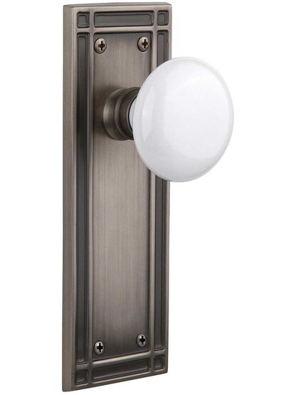 Mission Door Set with White Porcelain Knobs in Antique Pewter.